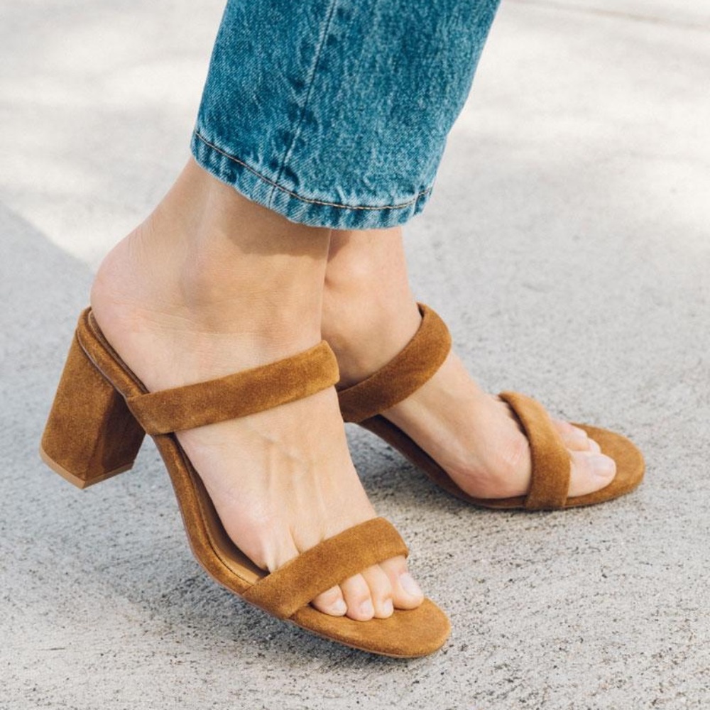 Soludos Ines Walnut Tan Suede Leather Heels Slip On Block Heel Strap Sandals 9.5 - Picture 2 of 16
